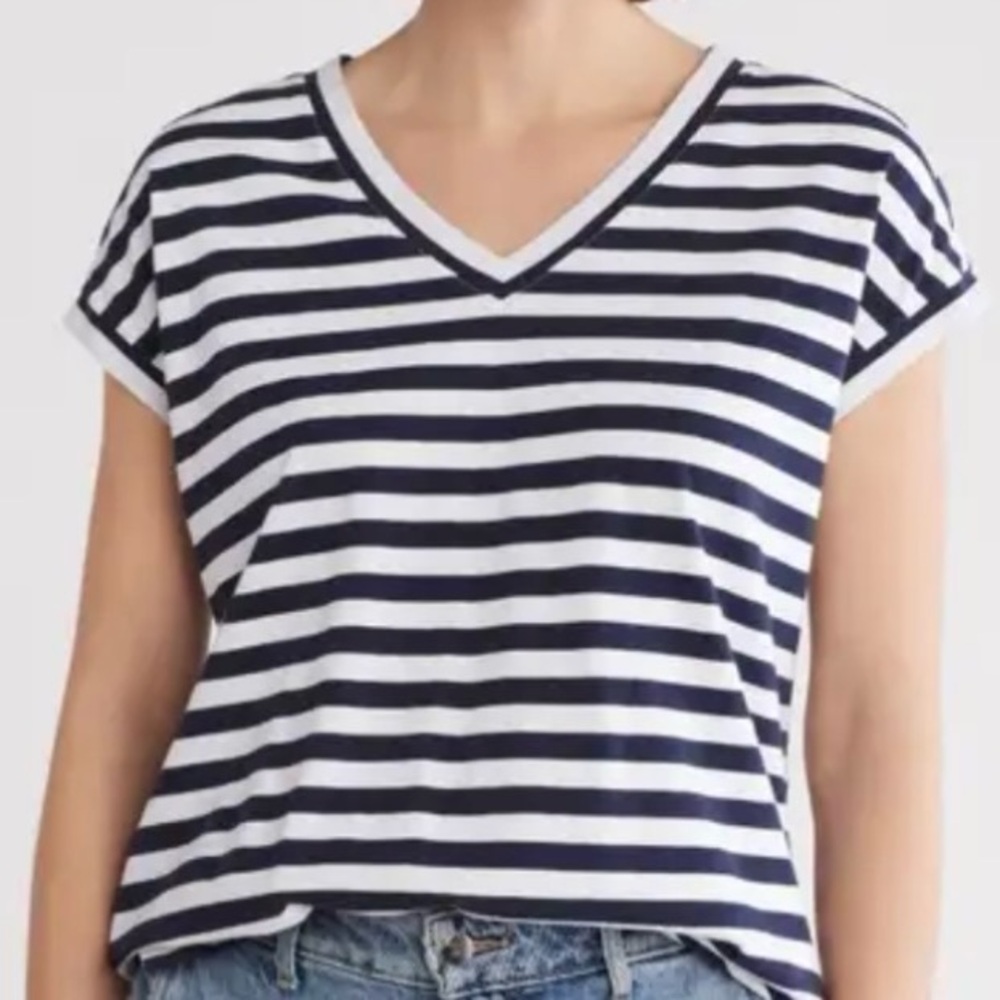 Caslon Navy  and White Stripe V Neck Short Sleeve T-Shirt Size Large